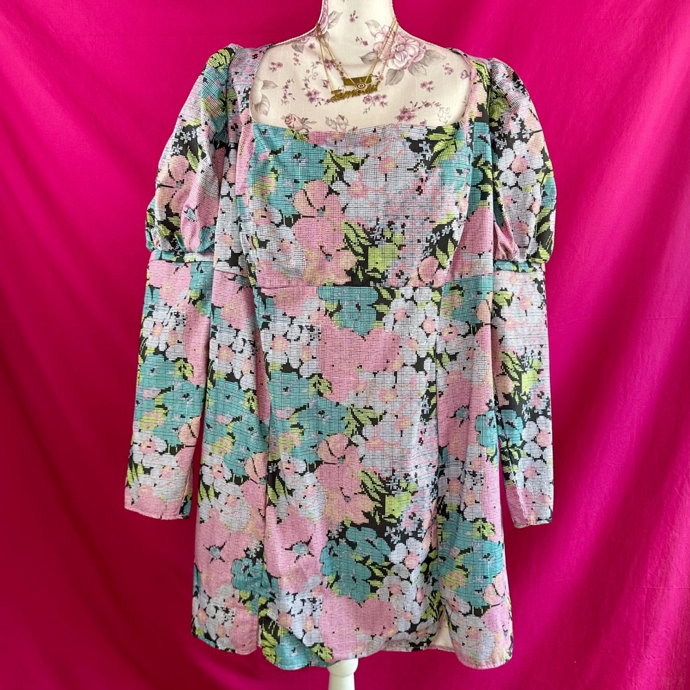 ASOS Curve Puff Sleeve Floral Mini Dress Plus Size 22 Long Sleeve Open Back Tie - Picture 7 of 14